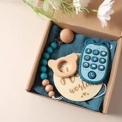 New born baby gift set silicone mobile teether wooden bunny rattle Photography props