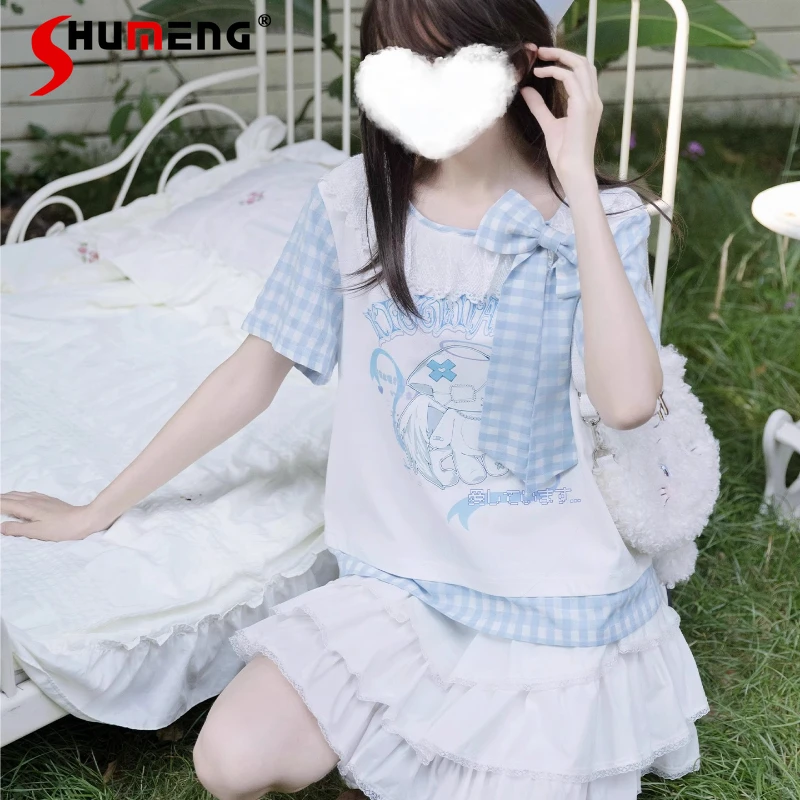 

Japanese Original Design Printed T-shirt Skirt Sweet Cute And Fresh Daily Two-piece Set Summer 2025 New T-shirt Pullover Ladies