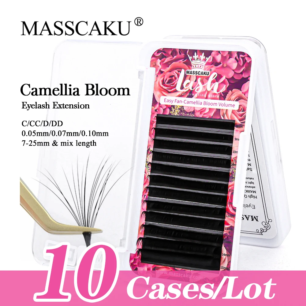 

10cases/lot Easy Fan Eyelash Extensions C CC D DD Curl Matte Black Synthetic Silk Cashmere Soft Camellia Blooming Lashes Makeup