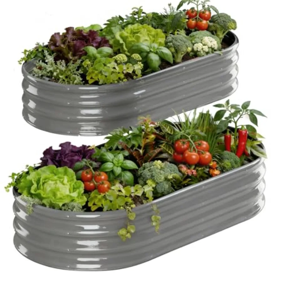 Raised Garden Bed Outdoor 2 Sets Oval Large Coating Metal Planter Box with No Heavy Metal for Vegetables Flowers Herbs