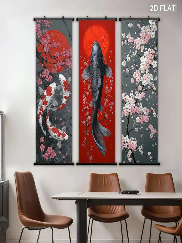 VIKAMA Vertikaler Koi-Kirschblüten-Wandteppich, schmaler roter Mond, glückverheißender Koi-Wandbehang für Schlafzimmer, Heimdekoration, Wandkunst