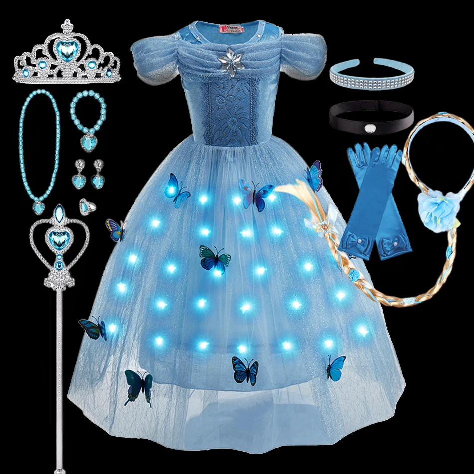 2024 Halloween Cosplay Costume Girls Cinderello Princess LED Dress Fancy Vestidos Birthday Carnival Party Dress Clothes