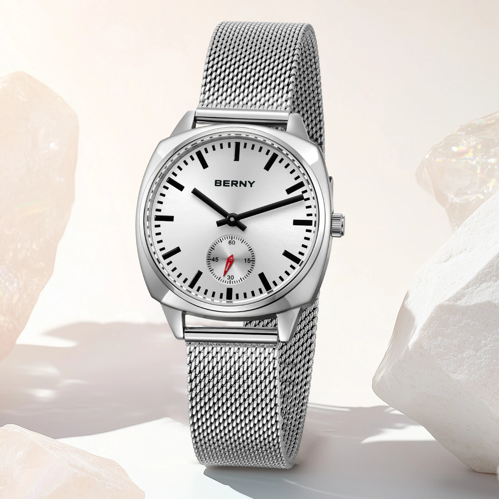 BERNY Quartz Watch for Women Pillow Shape Stainless Steel/Fabric Strap Casual Women Watches Versatile Elegant Gift Ladies Watch