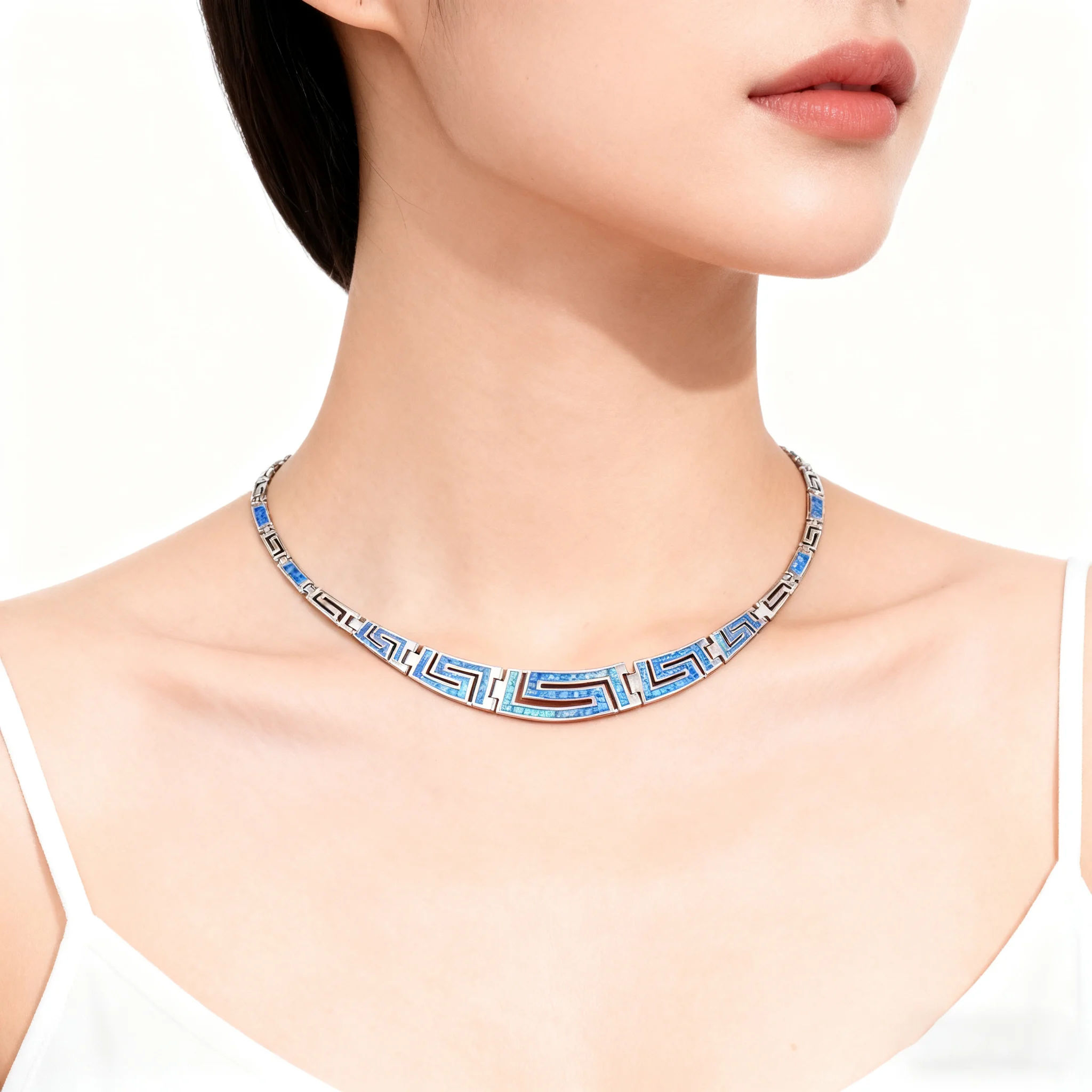 JLOP بوهو بحر إيجه الأزرق متعرج اليونانية مفتاح أوبال قلادة وسوار اليونان القديمة مستوحاة مجموعة مجوهرات فاخرة هدية لصديقتك