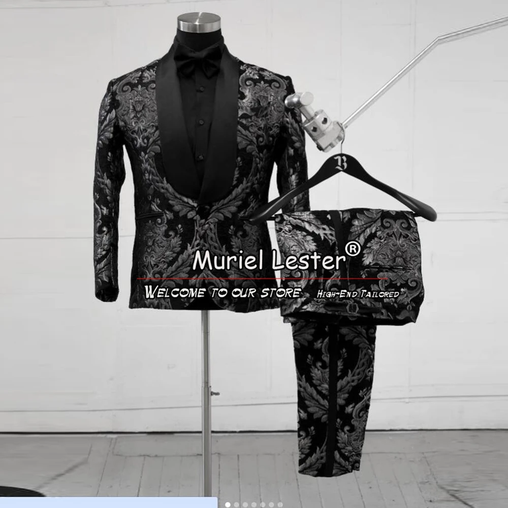 

Luxury Men Suits For Wedding Premium Black & Gunmetal Filagree Tuxedo Plus Size Single Breasted Jacket Pants 2 PCS Custom Made