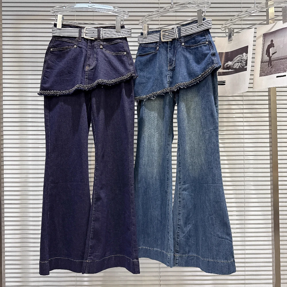 

2025 Autumn New Street Style Striped Belt Rhinestone Beaded Hem Fake Two-Piece Flared Jeans, Women's Fashion Street Denim Pants
