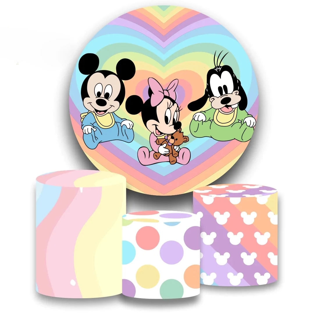 

Baby Mickey Minnie Goofy Round Backdrop for Newborn Baby Shower Party Decor Pastel Rainbow Kids Birthday Background Photo Covers