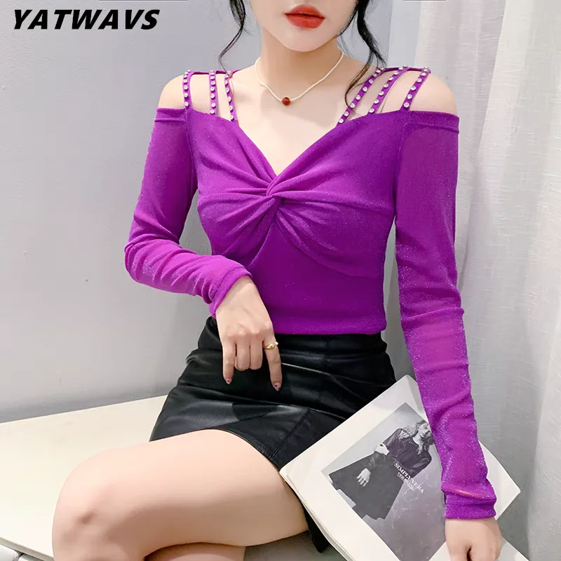 High-End Custom Autumn New Sexy V-neck Off Shoulder Women T-shirt Chic Shiny Diamonds Tees Elegant Streetwear Girl Slim Mesh Top