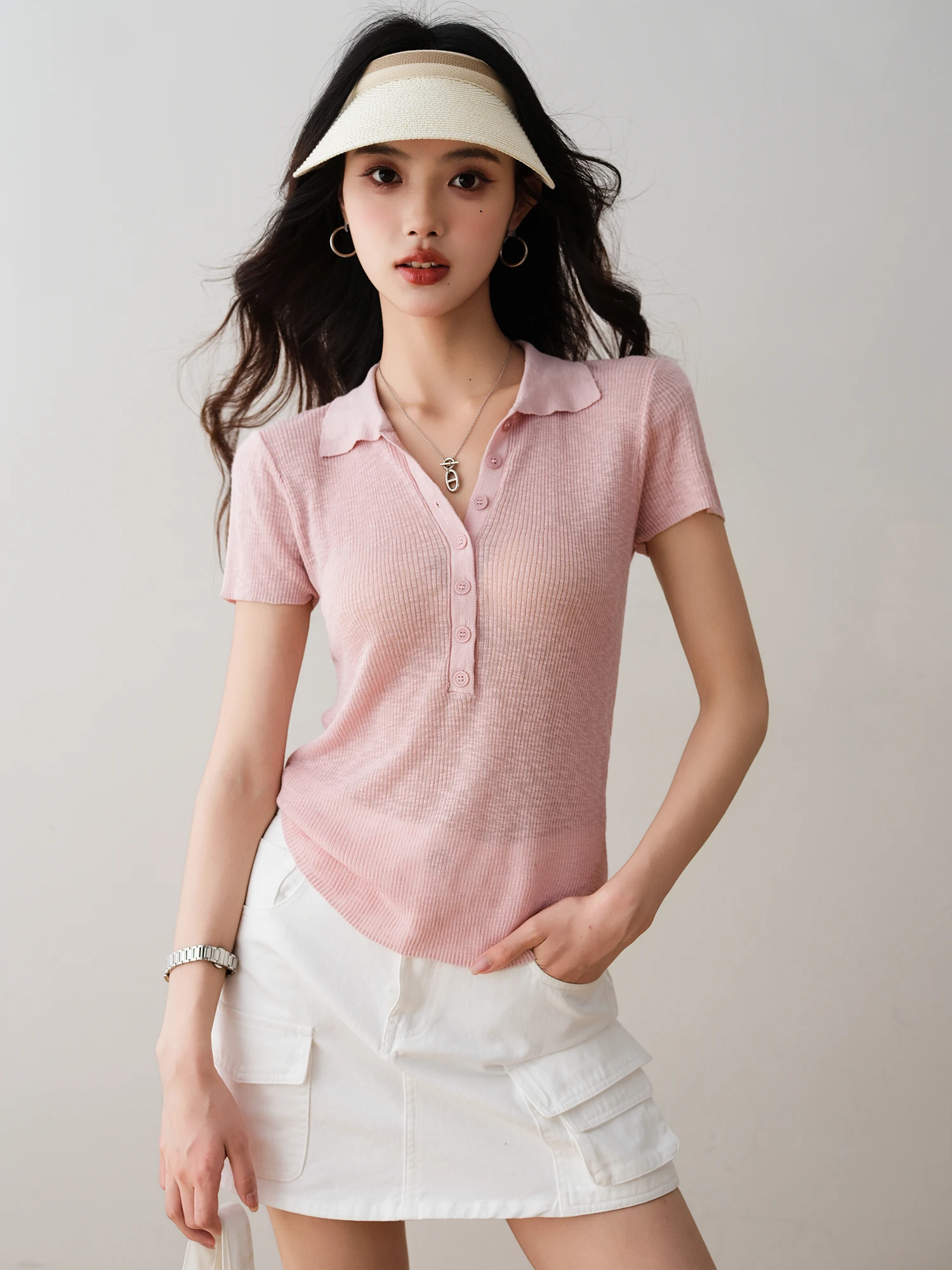 

Slim Fit Comfortable ort Sve T-irt RONRON Simple Turn-down Collar Lightweight Breathable Summer New Sle Versatile Top