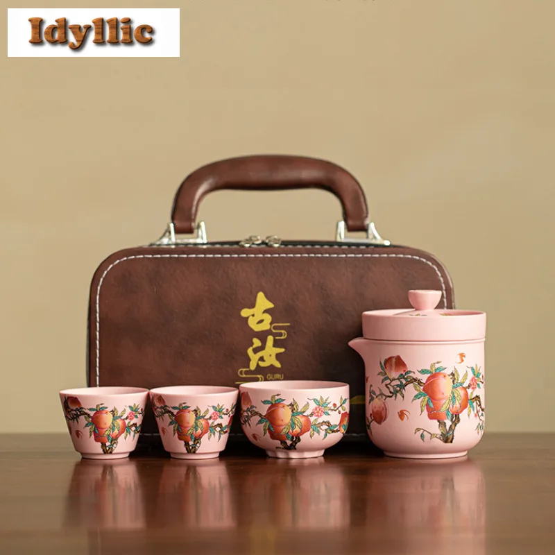 

Hand-painted Peach Travel Tea Set Kit Luxury Tea Tools Set 1 Pot 3 Cups Tea Maker Organizer Portable Outdoor Handbag Collection