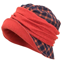 Womens 1920s flappers vintage style Tartan Plaid Wool Blend cloche Bucket Hats A501