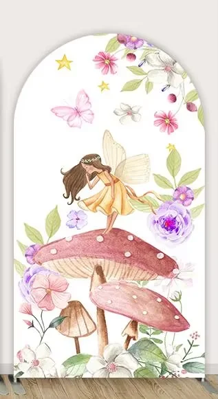 Mehofond キノコアーチ背景カバー女の子の誕生日パーティー妖精プリンセスキアラアーチカバー蝶スター装飾両面背景