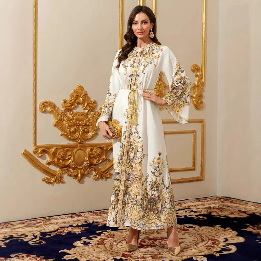 

New Fashion Women's Dubai Abaya Elegant Dress Ladies Satin Printed Gown Long Dress Robe Abaya Ramadan Dubai Luxury Islam Elegant