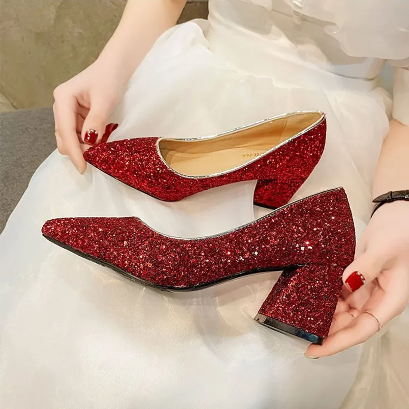 New 2024 Spring Women Pumps Pointed Toe High-heeled Shoes Sequin Women\'s Single Thick Heel Party Wedding Dress Shoes Large Size