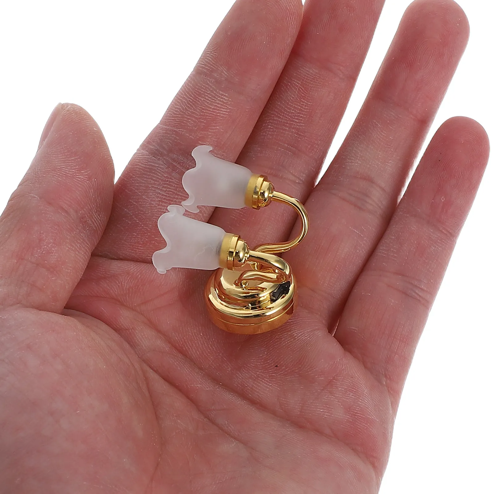 

1:12 Miniature LED Wall Lamp Double Head Bud Style Shade Golden Plated Metal Base Energy Efficient Built-in Operated No