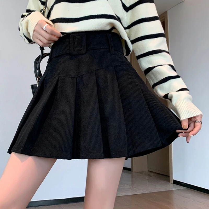 Autumn Winter Vintage Corduroy Pleated Women's A-line Skirts Sashes High Waist Office Sexy Mini Skater Skirt Female
