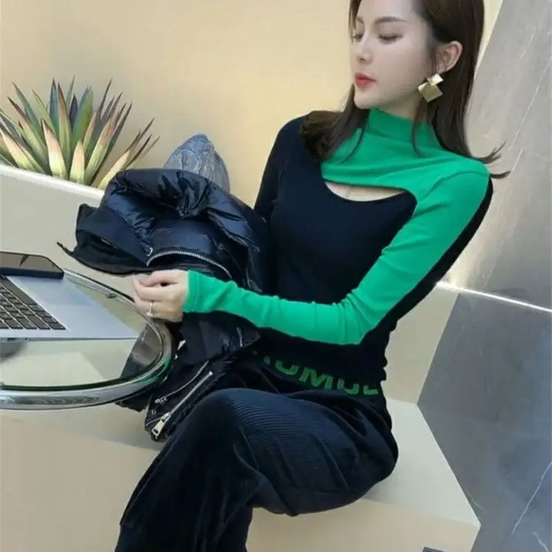 German Velvet Inner Layer Splicing Half High Neck Base Women's Autumn Winter New Design Slim Versatile Long Sleeved Warm Top