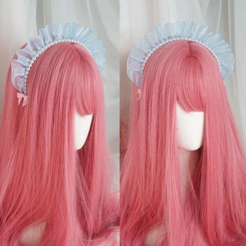 Lolita Pleated Yarns Hair Hoop Women Elegant Pearl Decor Makeup Headband Wide Brim Photoshoot Party Headpiece Maid Cosplay Props