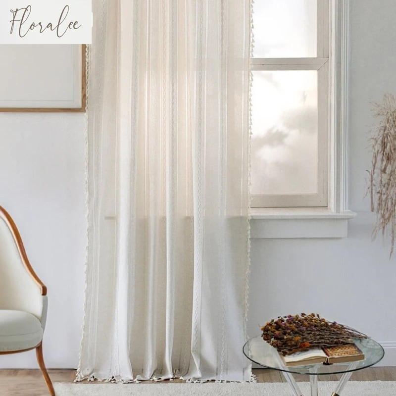 

New Farmhouse Curtain Decor White Boho Style Curtain Cotton Linen Curtains Bedroom Living Room Decor Customize Size Curtain Gift
