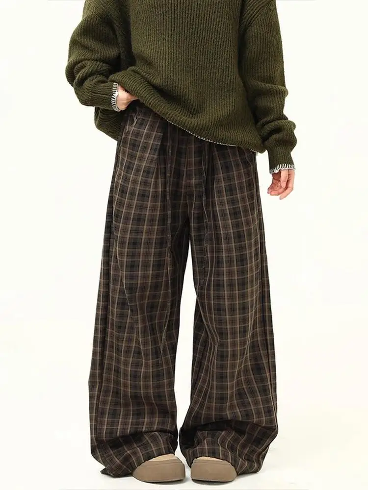 

Свободные повседневные брюки в клетку в американском стиле ретро для мужчин и женщин, весенне-осенние новые драпированные широкие брюки, крутые универсальные брюки