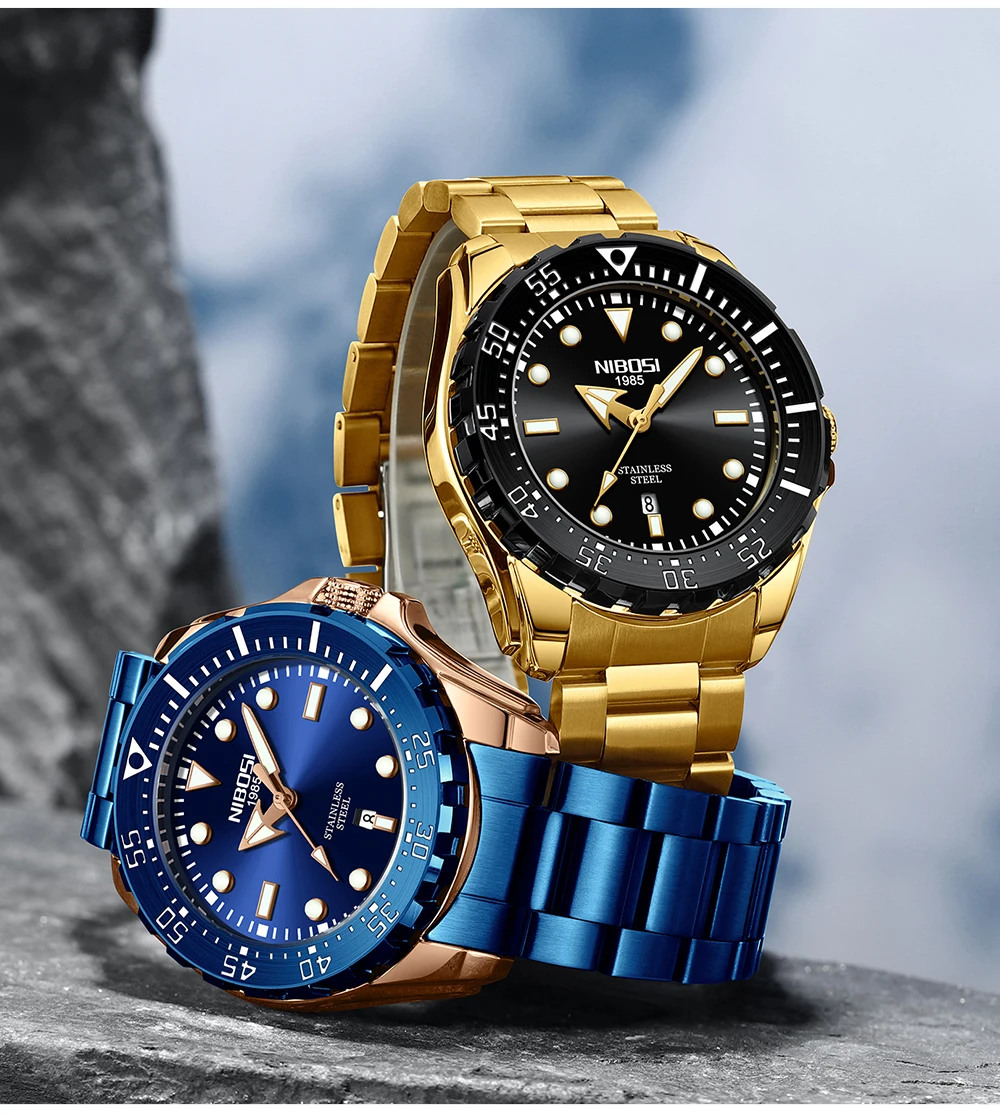 NIBOSI Mens Mechanical Watches Luxury Gold Man Wristwatch Waterproof Fashion Clock Luminous Male Week Display Calendar Watches