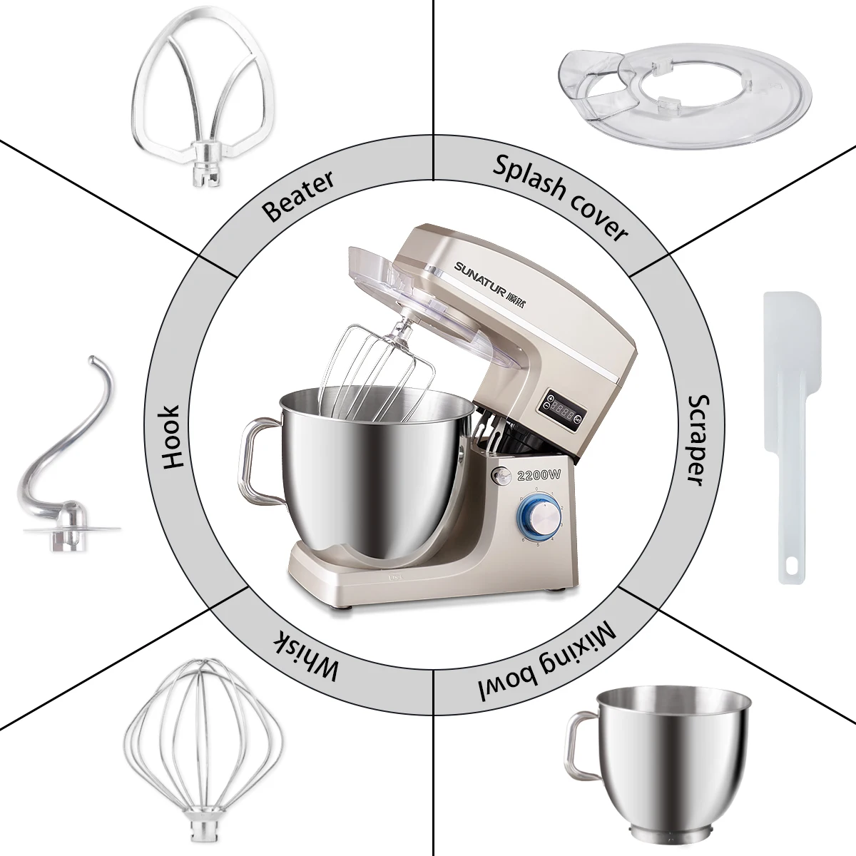 SUNATUR-batidora eléctrica de 10L, procesador de alimentos, máquina amasadora de masa de 2200W, electrodomésticos de cocina