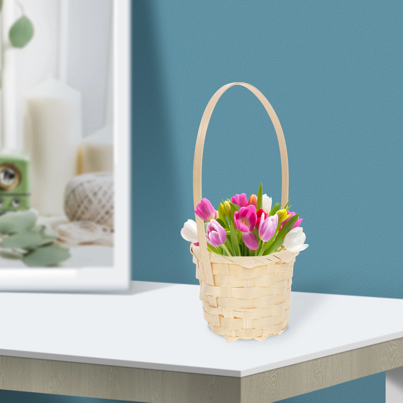

5pcs Woven Storage Basket Portable Handle Reusable Fruit Flower Holder For Picnic Outdoor Decoration Tote Weaving Basket