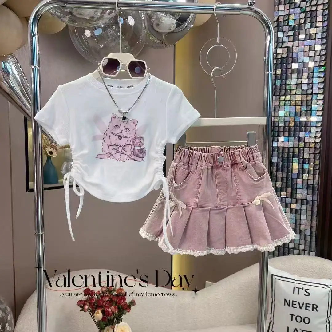 

Girls' Summer Set New Korean Slimming Set Children's Cartoon Printed Short Sleeve T-shirt Cowboy Skirt 2-piece Set