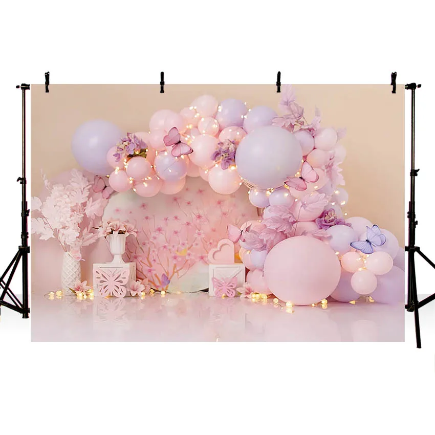 Mehofond Photography Background Pink Flowers Balloons Butterfly Girls 1st Birthday Party Cake Smash Decor Backdrop Photo Studio