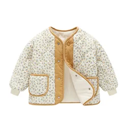 Girls plush short jacket 2024 autumn/winter new floral button cotton corduroy goose children's plush thickened jacket Down Jacke