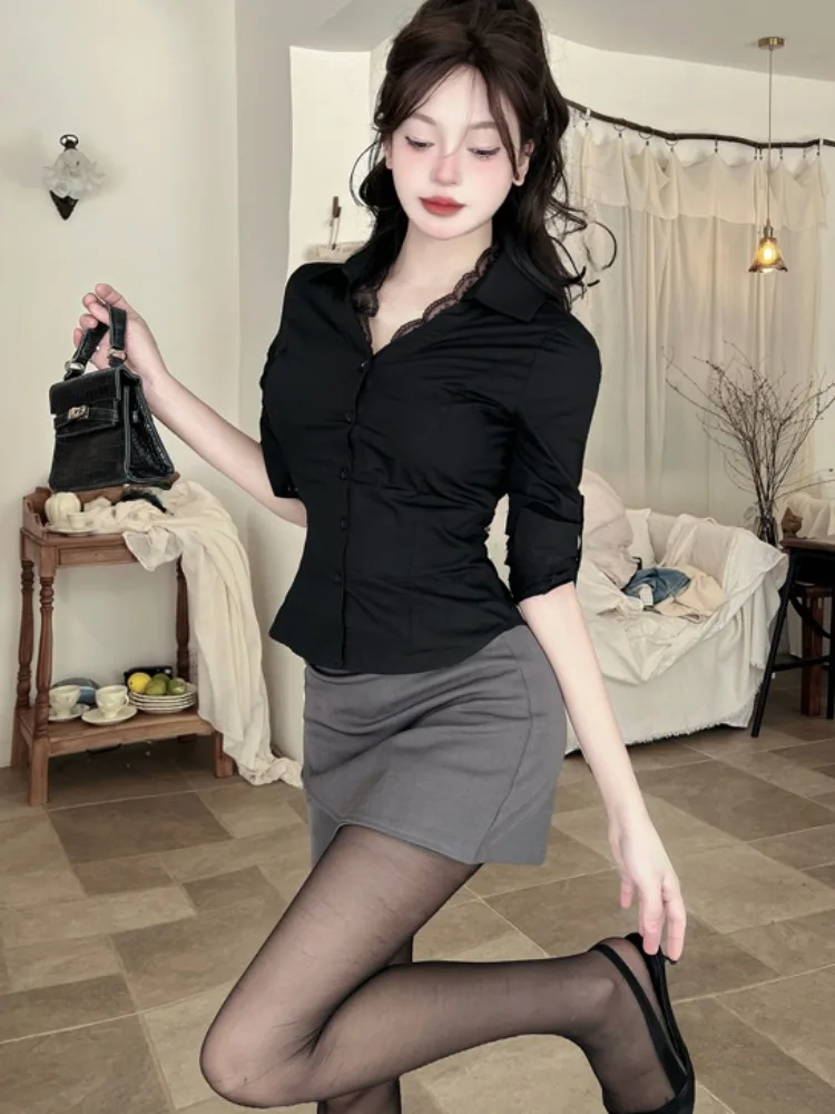 

Комплект из утягивающей юбки и блузки с кружевными вставками и завышенной талией, женский модный повседневный деловой костюм из двух предметов с длинными рукавами, осенняя коллекция