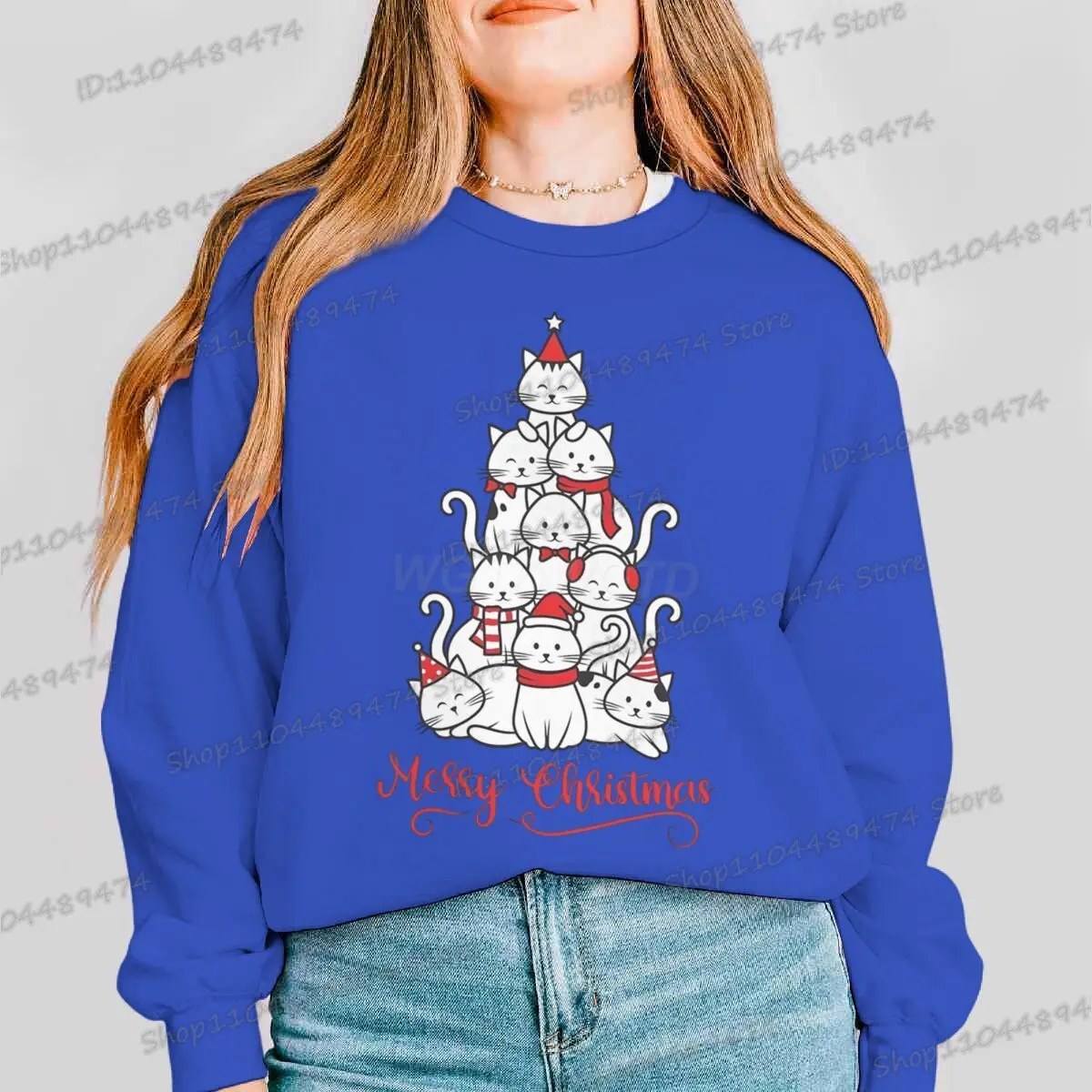 عيد ميلاد سعيد القطط شجرة هوديس الكرتون عيد الميلاد حزب بلوزات الرجال النساء جولة الرقبة الصوف الخريف الشتاء Y2K البلوز