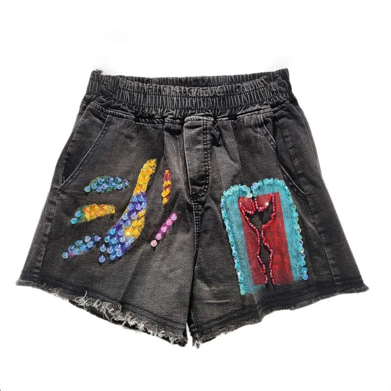 

WTHT Trendy Women's Spliced Sequins Deisgn Plush Edge Denim Shorts 2025 Spring Fashion High Waist Short Pants Female 1LS1222