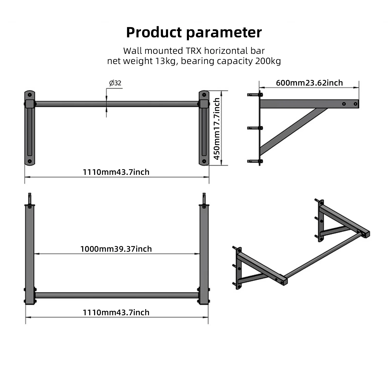 304 stainless steel Wall Mounted pull up bar Home Gym Chin Up Bar With More Stable 6-Hole Design Upper Body Workout Bar