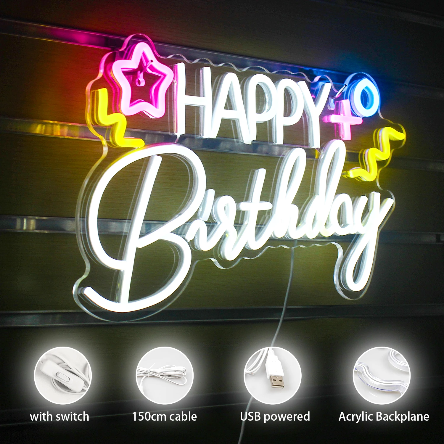 Happy Birthday Neon Light LED Sign Window Wall Decoration USB Powered For Birthday Party Bright Aesthetic Bedroom Art Design