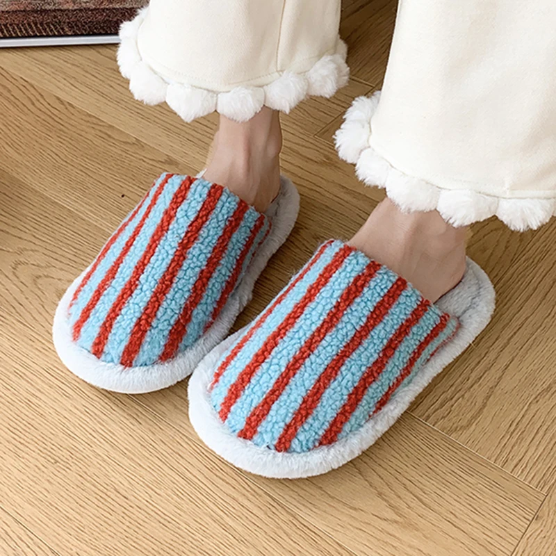 Koreanische gestreifte Baumwoll-Hausschuhe für Damen – bequeme, rutschfeste, warme Plüsch-Slipper für Frauen 2025 – weiche Sohle zum Hineinschlüpfen für Zuhause