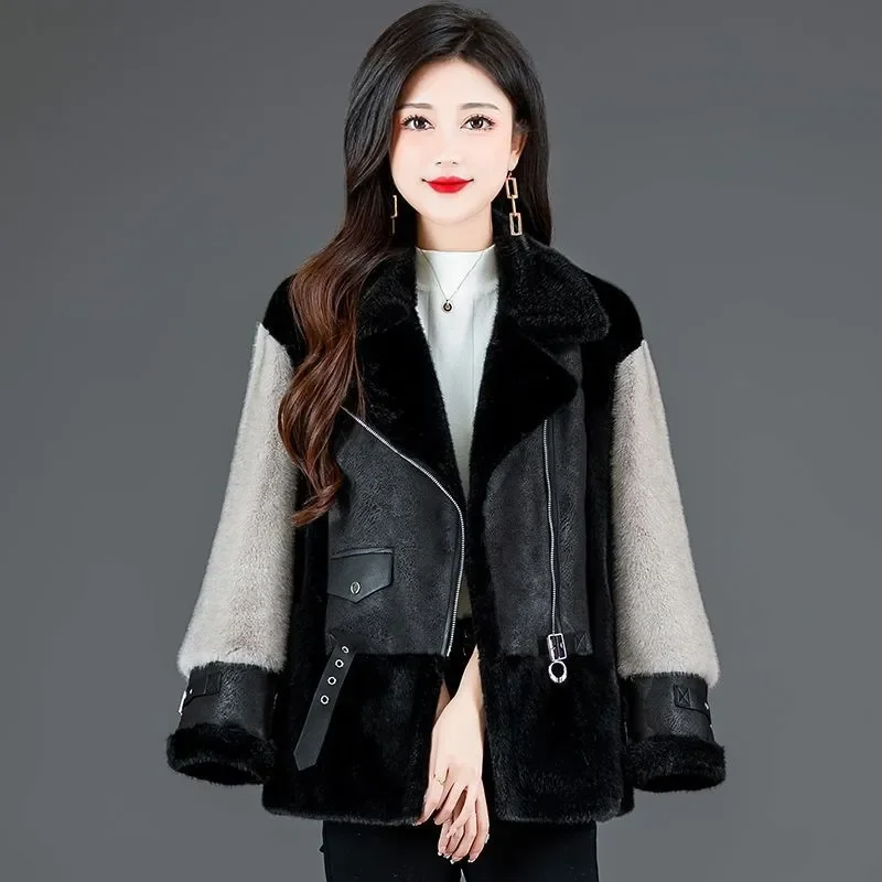 

New Autumn Winter Fur One Motorcycle Short Jacket Outwear Women's Stitching Contrast Color European Mink Fleece Motorcycle Coat