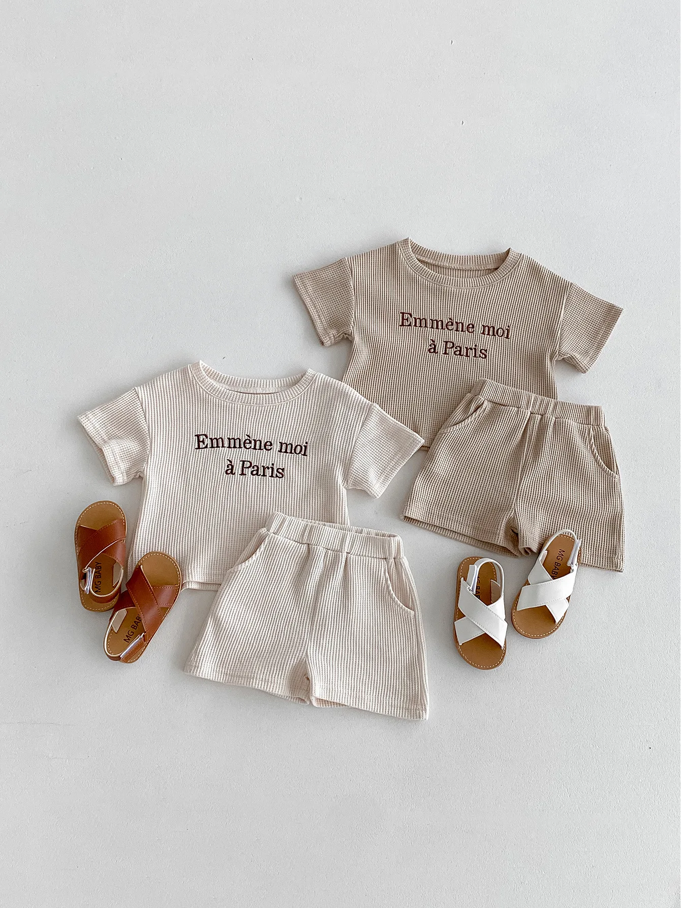 

2024 Summer New Baby Short Sleeve Set Toddler Boy Girl Letter Embroidery Tops + Shorts 2pcs Suit Infant Waffle Casual Outfits