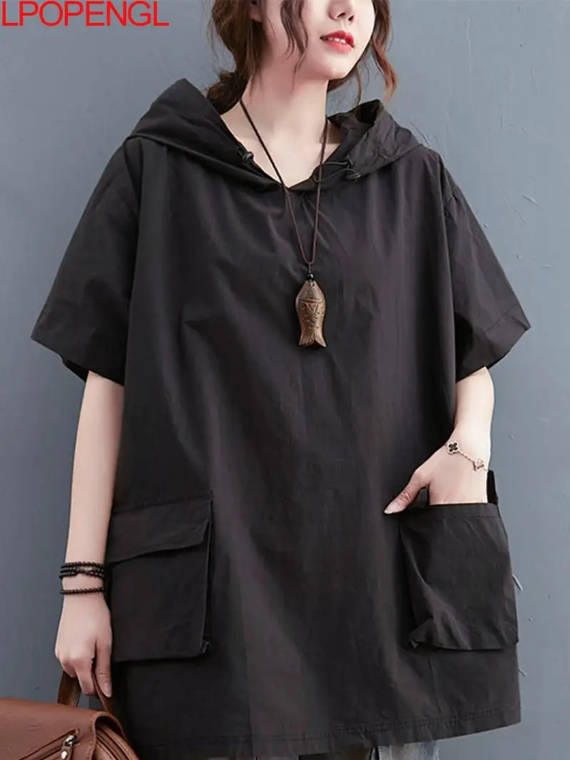 

Solid Color Women's Korean Loose Top 2024 Pockets Short-sleeved T-shirt Summer Hooded Pullover Simple And Comfortable Tees Tide