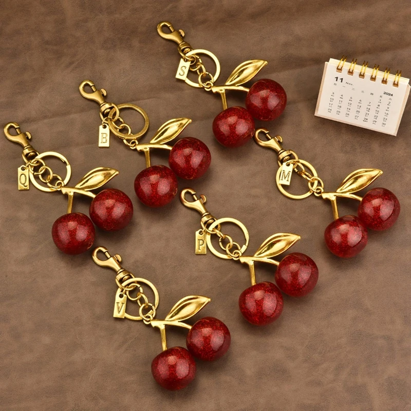 A-M Letters Delicious Red Cherry Keychain Summer Fruits Cherries Pendant Keyring For Women Men Jewelry Car Key Accessories Gifts