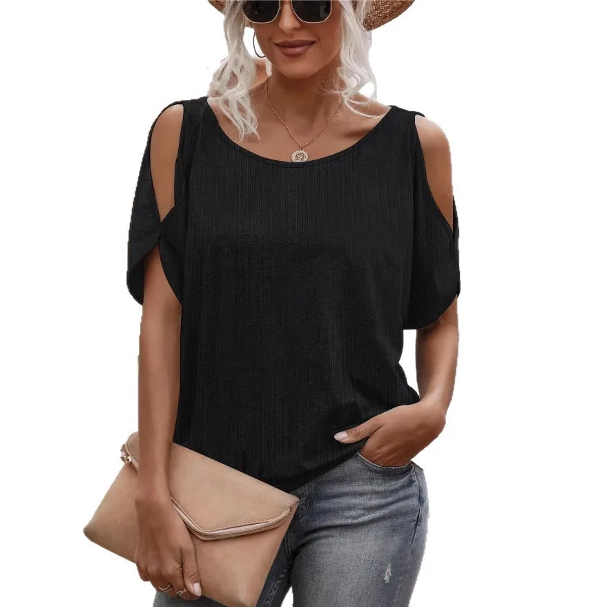 

2025 Off-the-shoulder Lace-up Top Hot Selling Cross-border Women's T-shirt Bottoming Cut-out Short-sleeved Top