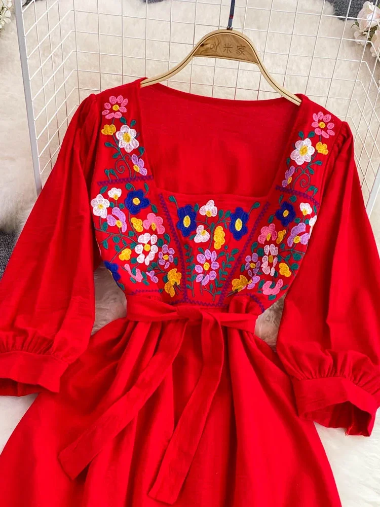 Women Summer Dress Retro Bohemian National Style Square Collar Embroidery Seaside Holiday Big Hem Long Vestidos D2473