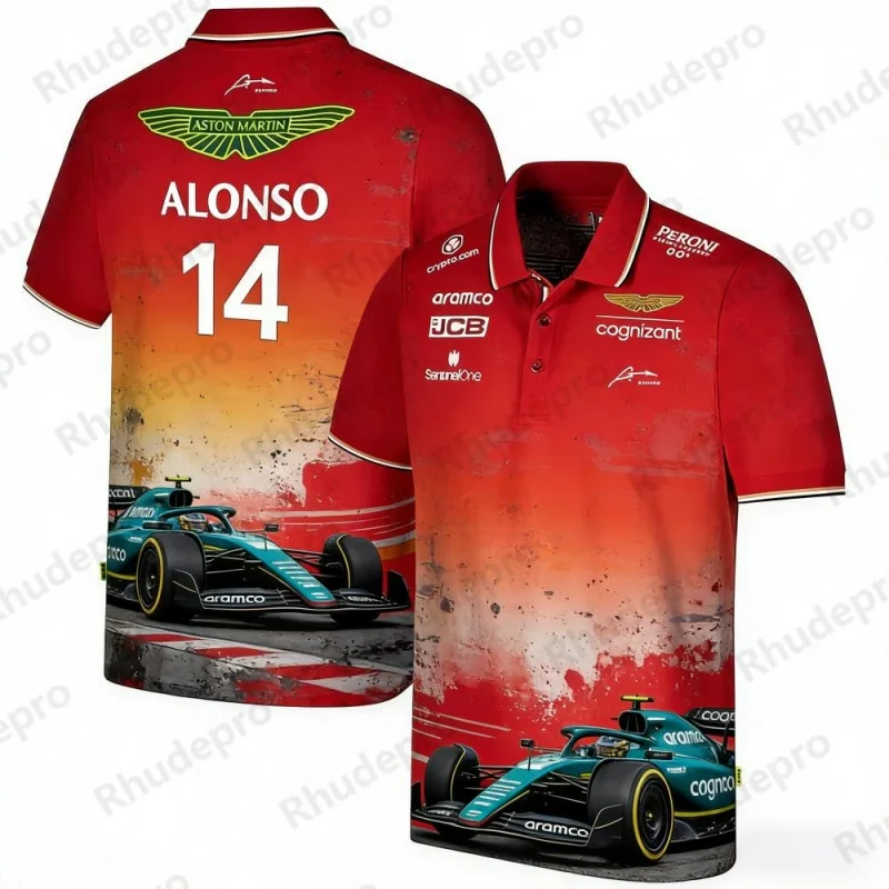 

Рубашка-поло с пуговицами в уличном стиле Aston Martin Racing Team Training, Fernando Alonso 14, мужская и женская одежда с короткими рукавами