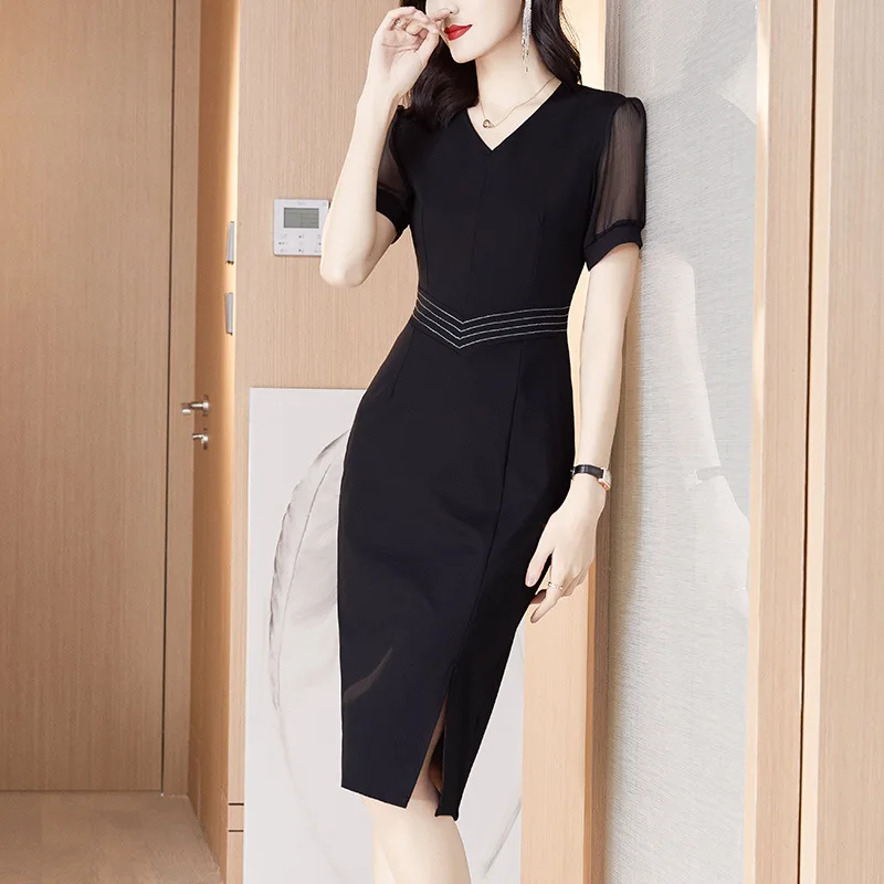 Élégant Slim Black Women's Clothing fur s Office Lady Fashion V-neck Mesh Short Sleeve Split Hem VestiEducational Prom Attire M-XXL