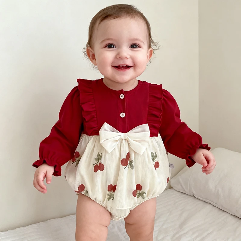 Romper Bayi Perempuan Baru Lahir Natal 0-3 Tahun Romper Bayi Musim Gugur Bodysuit Pita Anak-anak Strawberry Onepiece Pakaian Bayi Modis