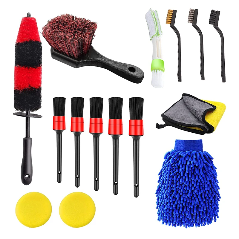 

15 PCS Car Tire Brush Set Long Handle Rim Wheel Brush Detailing Brushes Wash Mitt Vent Duster Wax Applicator Pads Washing Towels