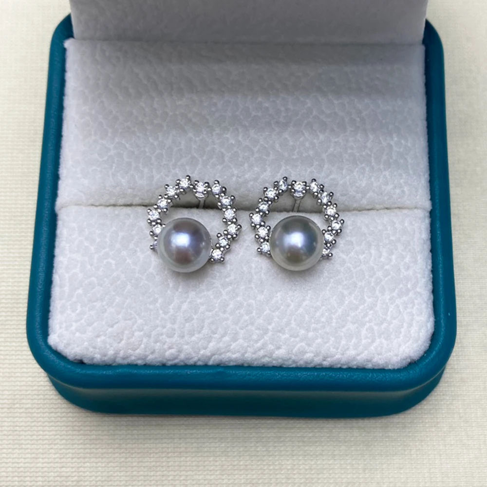 Simple Fashion 6-7mm Silver Blue Genuine Seawater AKOYA Pearl Garland Stud Earrings Delicate 925 Silver Flower Earring for Women