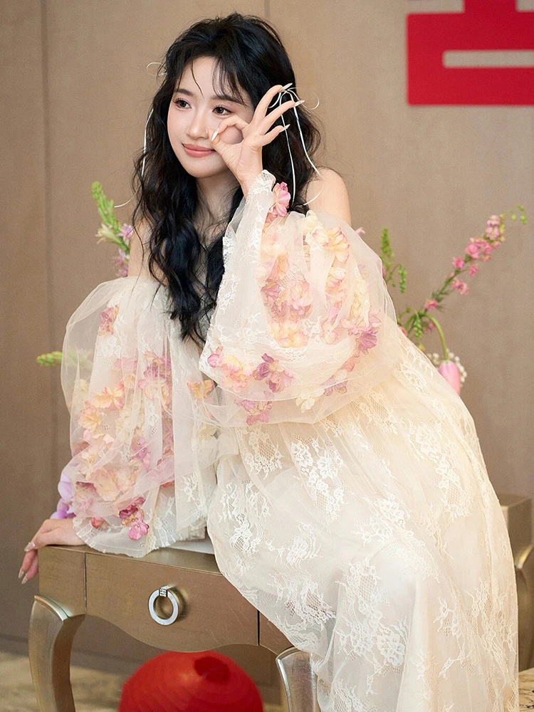 

Кружевное свадебное платье с тяжелой вышивкой и ремешком для помолвки Длинное вечернее платье Sweet Sle с цветочным узором средней талии