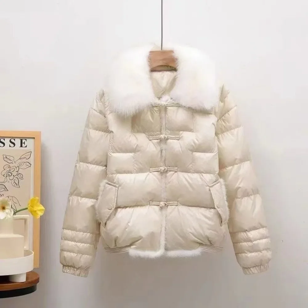 2025 السيدات الشتاء النساء قصيرة معطف منتفخ دافئ سترة فضفاضة الإناث سترة ملابس خارجية خمر بطة بيضاء أسفل سترة فرو الثعلب الحقيقي #1