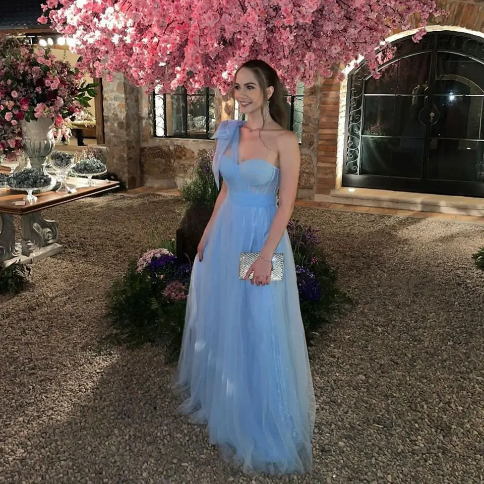 فساتين سهرة أنيقة باللون الأزرق السماوي بكتف واحد على شكل حرف a للحفلات الراقصة 2025 تول طول الأرض بدون ظهر للنساء رداء السهرة #3